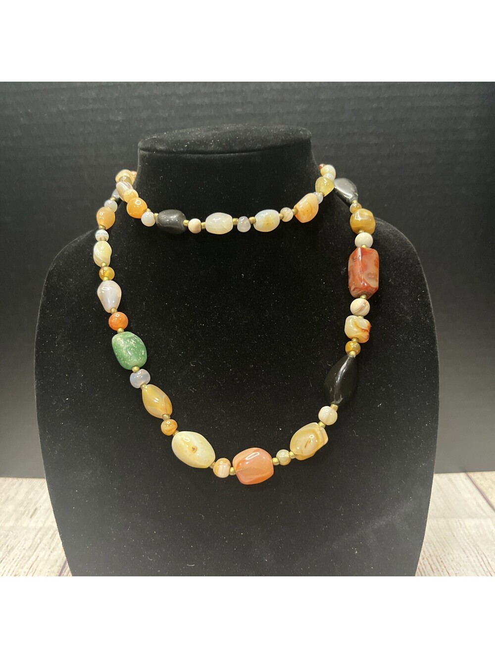 Vintage Beggar Beads Genuine Agate, Quartz, Aventurine Necklace 32”